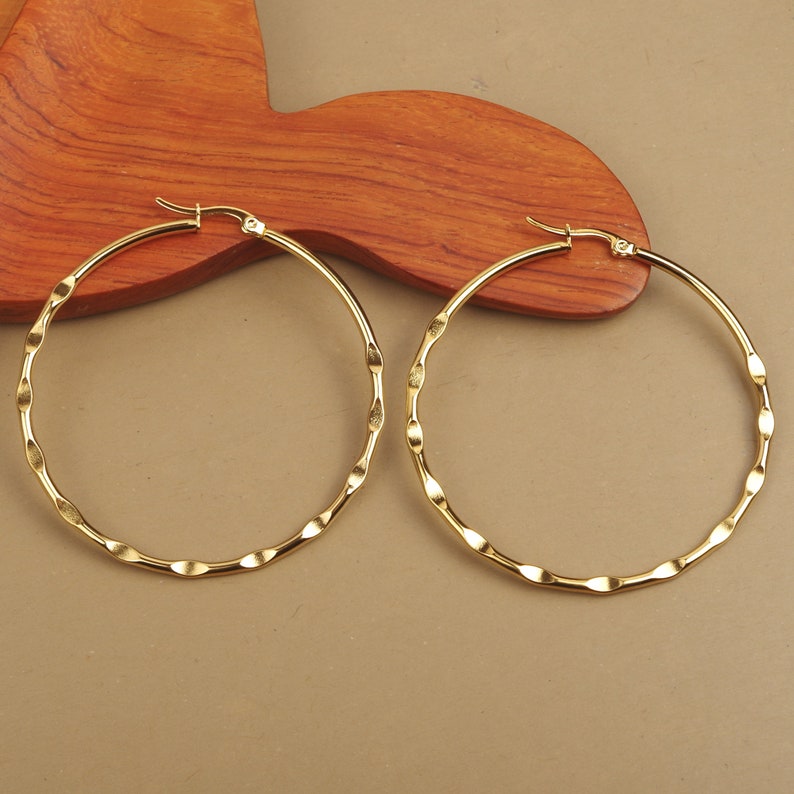 Creole hoop earrings 55 mm hammered in hypoallergenic stainless steel gilded with fine gold image 1