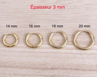 Paire d'anneaux mini créoles huggie 14 mm, 16 mm, 18 mm, 20 mm, 3 mm d'épaisseur en acier inoxydable hypoallergénique dorées à l'or fin