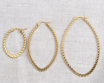 Pendientes de aro ovalados retorcidos 30 mm, 55 mm, 65 mm, anillos de acero inoxidable hipoalergénicos dorados con oro fino