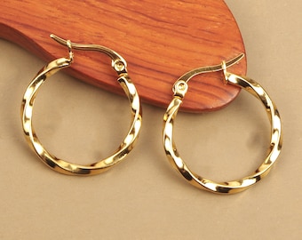 25 mm twisted round hoop earrings, hypoallergenic stainless steel rings gilded with fine gold