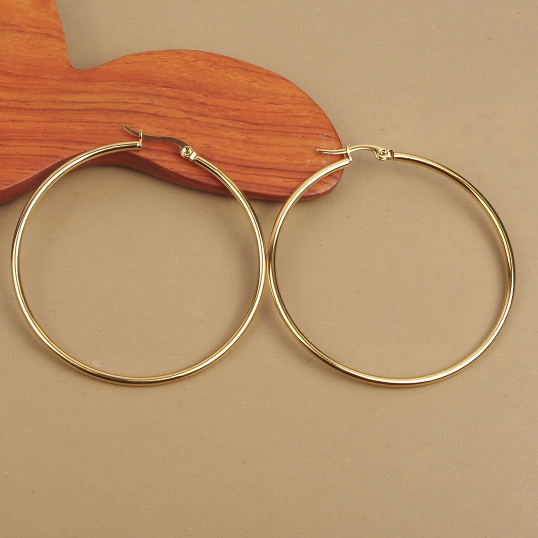 55mm Round Hoop Earrings in Hypoallergenic Stainless Steel Gold Plated