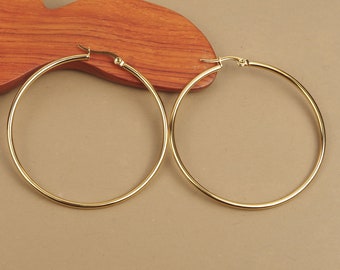 Boucles d'oreilles anneaux créoles rondes 55 mm en acier inoxydable hypoallergénique dorées à l'or fin