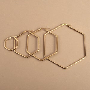 Octagonal hoop earrings 25 mm, 45 mm, 60 mm in hypoallergenic stainless steel gilded with fine gold