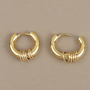 Pair of mini hoop huggie rings with small rings 14 mm, 16 mm, 18 mm, 20 mm in hypoallergenic stainless steel gilded with fine gold image 3