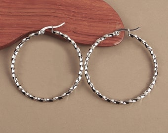 Silver twisted hoop hoop earrings 45 mm in hypoallergenic stainless steel