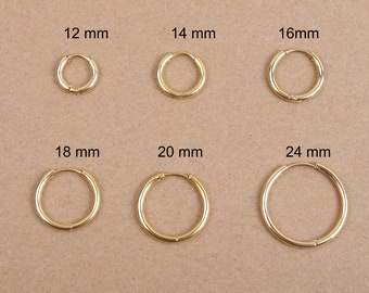 Paire d'anneaux mini créoles huggie 12, 14, 16, 18, 20, 24 mm épaisseur 2 mm, en acier inoxydable hypoallergénique doré à l'or fin