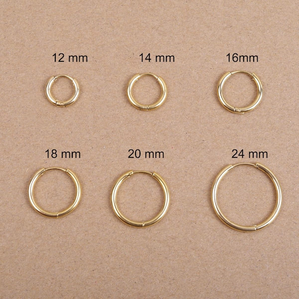 Paire d'anneaux mini créoles huggie 12, 14, 16, 18, 20, 24 mm épaisseur 2 mm, en acier inoxydable hypoallergénique doré à l'or fin