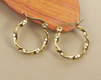 Boucles d'oreilles créoles rondes torsadées 20 mm, anneaux en acier inoxydable hypoallergénique dorées à l'or fin
