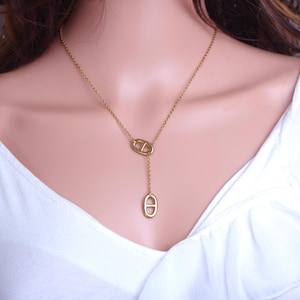 Women's marine mesh necklace in gold-plated stainless steel, tie necklace, sautoir style, adjustable,