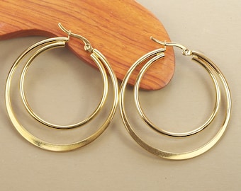 Boucles d'oreilles créoles rondes double rang 45 mm anneaux en acier inoxydable hypoallergénique dorées à l'or fin