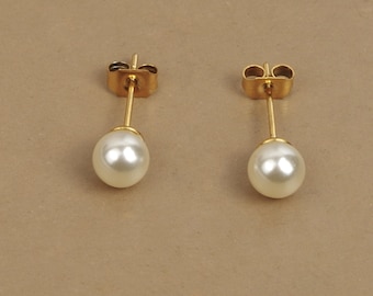 Boucles d'oreilles puces perles de 6 mm en acier inoxydable hypoallergénique dorées à l'or fin