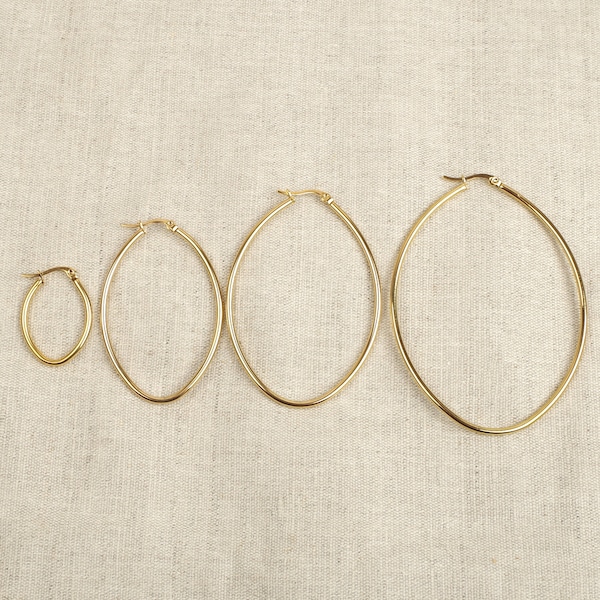 Boucles d'oreilles anneaux créoles ovales 30 mm, 55 mm, 60 mm, 65 mm, 75 mm en acier inoxydable hypoallergénique dorées à l'or fin