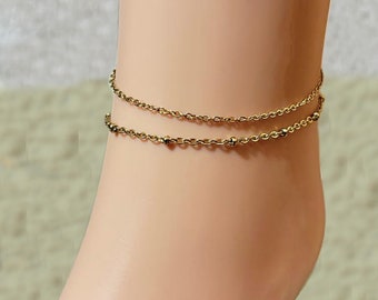 Double row gold ankle bracelet, stainless steel ankle chain, resistant anklet, several sizes