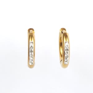 Pair of 14mm Mini Huggie Hoop Earrings with Rhinestones, 2.5mm Thick Hypoallergenic Stainless Steel Gold Plated