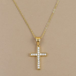 Necklace with Christian cross pendant, hypoallergenic stainless steel chain gilded with fine gold