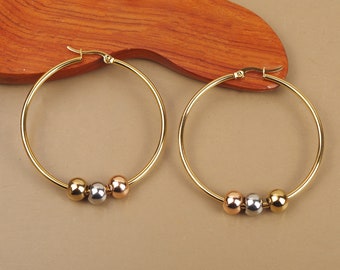 Boucles d'oreilles créoles rondes 50 mm, 3 perles, anneaux en acier inoxydable hypoallergénique dorées à l'or fin