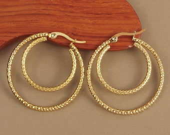 Creole hoop earrings 35 mm double rows chiseled in hypoallergenic stainless steel gilded with fine gold