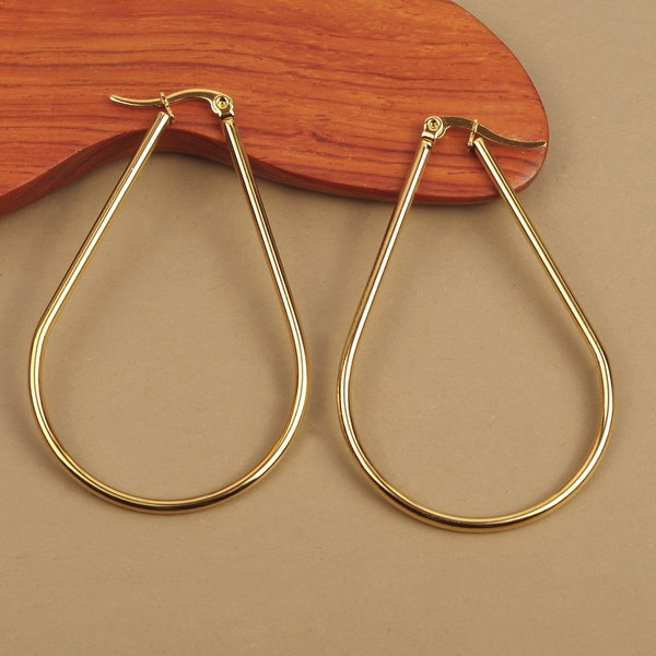 Boucles d'oreilles créoles forme goutte 60 mm en acier inoxydable hypoallergénique dorées à l'or fin