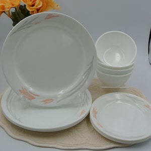 Vintage Corelle Corning Ware Floral Wisp Desert Rose Design Plates Dinnerware Set (12 pieces)