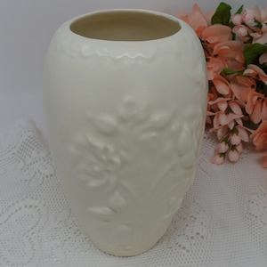 Vintage California Pottery Large Vase, Matte White Glaze with Embossed Flowers