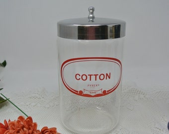 Vintage Pyrex USA Ware Glass Apothecary Jar with Stainless Steel Lid and Red &quot;COTTON&quot; Label