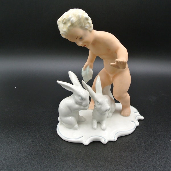 Adorable Wallendorf Schaubach Kunst Porcelain Figurine Boy Cherub Angel Putti W/ Bunny Rabbits ~ Made in Germany