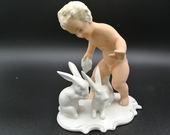 Adorable Wallendorf Schaubach Kunst Porcelain Figurine Boy Cherub Angel Putti W/ Bunny Rabbits ~ Made in Germany