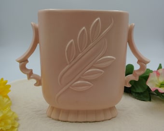 Red Wing Pottery Vase ~ Beautiful Pink Oval Vase with Handles Matted Glaze Embossed with Leaves #1174 ~ Made in the USA ~ USA Pottery