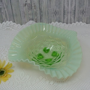 Northwood Accents Light Green Beaded Opalescent Carnival Glass Ruffled Edge Footed Bowl ~Fenton Style Glass Compote Centerpiece Bowl