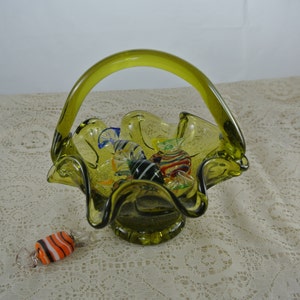 Stunning Verde Green Pressed Glass Ruffled Edge Basket