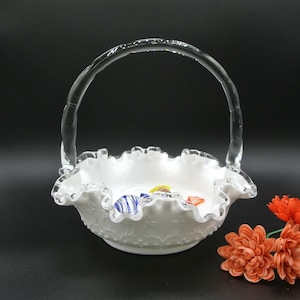 Beautiful Spanish Lace Fenton Silver Crest Ruffled Edge White Milk Glass Candy Dish Basket