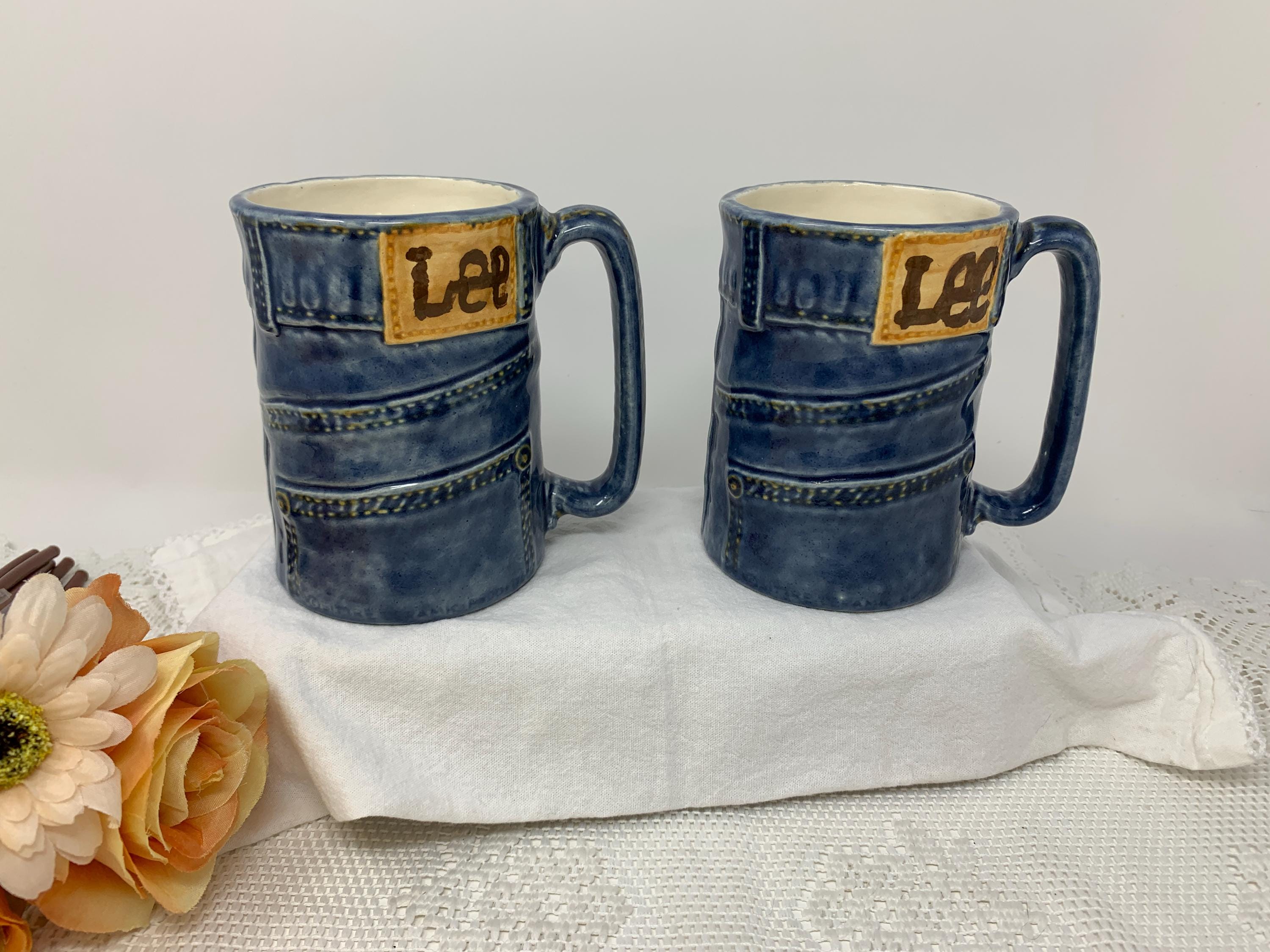 Blue Jean Denim Coffee Mugs With Underplates ~ Set of Two ~ Sittre