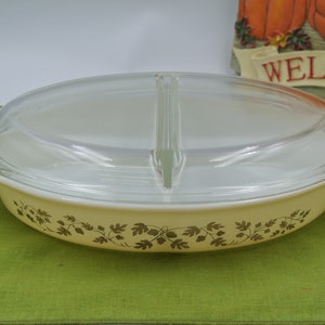 Vintage Pyrex Golden Acorn Pattern Divided Lidded Oval ~ Casserole Dish ~ Serving Dish