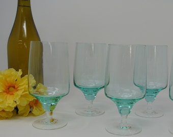 Sasaki Harmony Aqua Hand-Blown Glasses Ware ~ Large Iced Tea Goblets 6" tall ~ Set of Four(4) ~ Made in Japan
