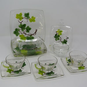 Franciscan Ware Glass American Ivy Pattern Square Luncheon Set for Four (4) Very Hard to Find!  Square Glass Plate ~ Made in USA