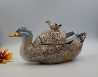 Vintage Portuguese Majolica Palissy Ware Duck with Duckling Soup Tureen with Matching Serving Spoon