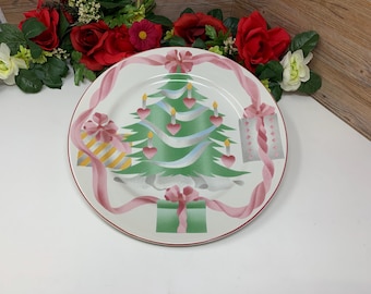 12" SANGO Home for Christmas 1992 #4829-Indonesia rond eetbord/serveerbord ~ harten romantisch roze met kerstboom