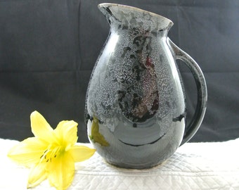 California Pottery Black Drip Glazed Pitcher with White speckles USA 9020 Embossed on the Bottom