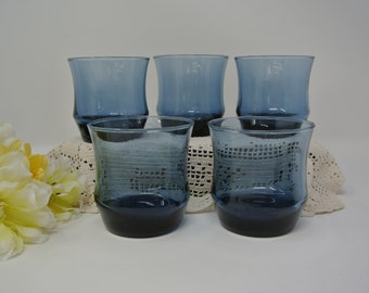 Vintage Libbey kobaltblauwe Apollo platte beker ~ dubbele ouderwetse tulp dusky Blue ~ middernachtblauw ~ set van vijf (5) gemaakt in de VS