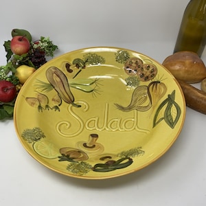 Vintage Yellow Los Angeles CA USA Pottery Large Salad Serving Bowl ~Hand-Painted Vegetables ~ Made in the USA 1971 Mid Century