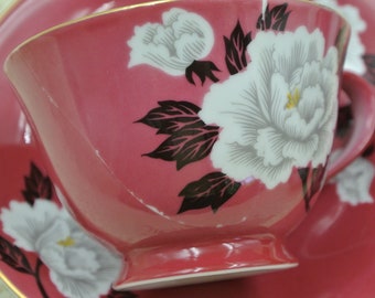 Beautiful Nippon Noritake Toki Kaisha Porcelain Fine China 12 Pc Tea Set Rich Pink Color with a White Peony Blossoms Pattern and Gold Trim.