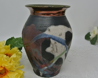 Randy Snyder RAKU Pottery Signed Vase with an Abstract Glaze and Copper Finish Marked RS M 5/12