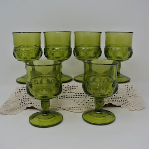 Colony Dark Green Kings Crown Indiana Glass Thumbprint Wine Glass Set of Six (6) ~ 4 1/4&quot; Tall ~ Made in the USA