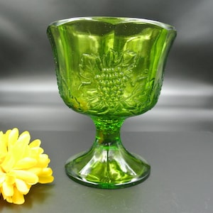 Vintage Green Indiana Glass Pedestal Compote ~ Candy Dish Embossed with Grapes
