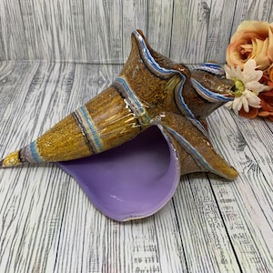 May include: A decorative ceramic seashell sculpture. The shell has a brown exterior with blue and yellow stripes, and a purple interior. The sculpture is placed on a wooden surface.