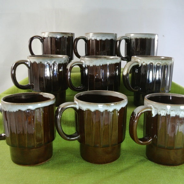 Satz von 9 Vintage braun Tropf Glasur Stapeln Kaffeebecher Made in Japan