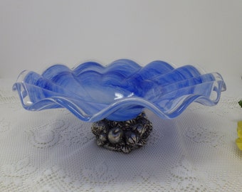 Italian Cristalli D'Oggi Center Piece ~ Fruit Bowl Blue Swirls Blown Glass ~ Sits on a Silver Fruit-Shaped Base.