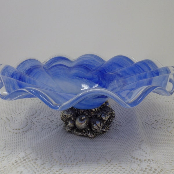 Italian Cristalli D'Oggi Center Piece ~ Fruit Bowl Blue Swirls Blown Glass ~ Sits on a Silver Fruit-Shaped Base.