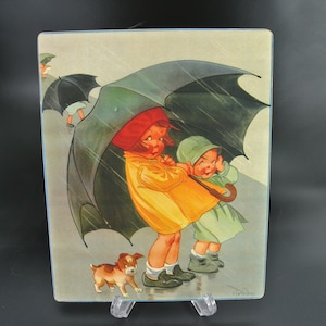 Vintage Moonlight and Roses Marta E Peters Children with Umbrella&#39;s #C33 Wall Plaque