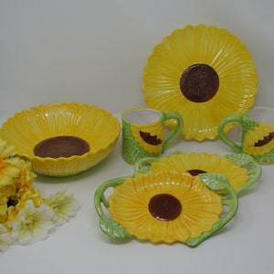 Luncheon Set Seymour Mann Hand Painted Sunflower Design Salad/Soup Serving Set ~ Six (6) Piece Set ~ Made in the Philippines